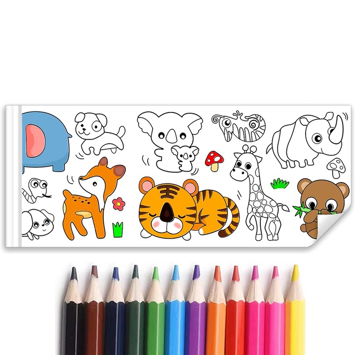 Rola hartie auto-adeziva si decupabila pentru desenat si colorat, BOMSTOM, Materiale Non-Toxice, Poate fi lipita pe Usi, Perete, Podea, fara strice suprafata respectiva, 3m x 30 cm, Model cu Animale