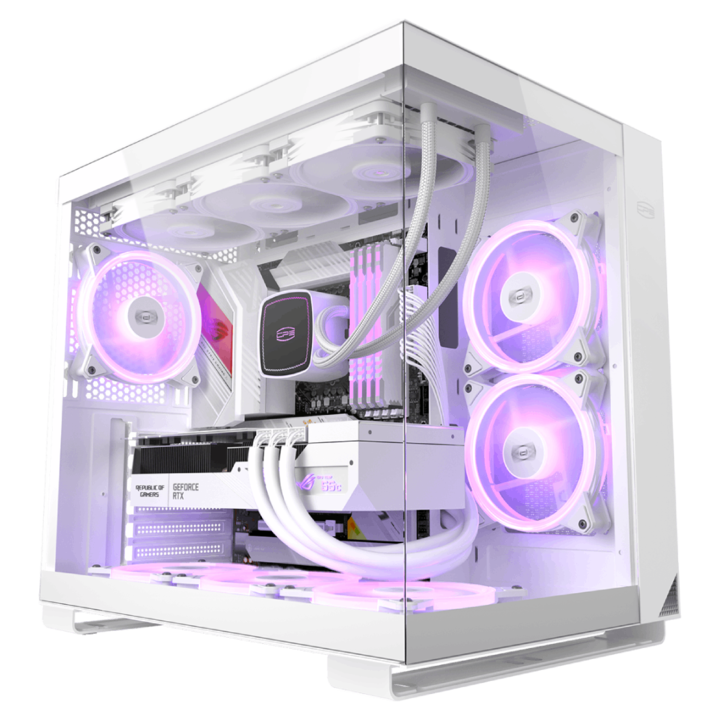 PCCOOLER Számítógépház, Middle Tower, ATX, áramforrás nélkül, biztonsági üveg, 6 ventilátor mellékelve, ARGB világítás, fekete, USB 3.2 gen 1 x 2, USB Type-C x 2, kicsi, audio