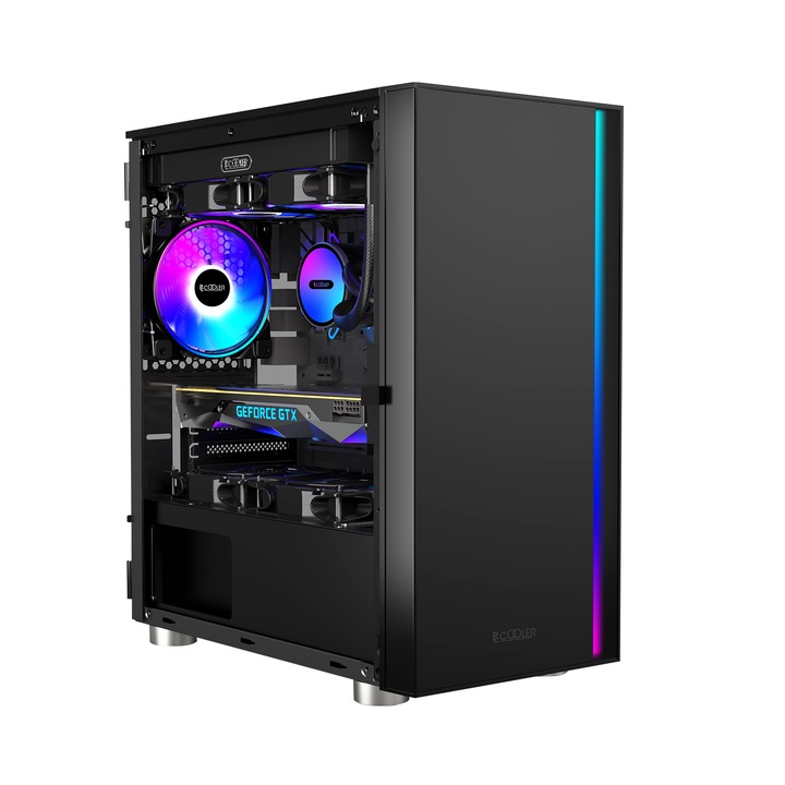 Carcasa PCCOOLER, Middle Tower, mATX, ITX, fara sursa, sticla securizata, 1 ventilator inclus ARGB, negru, USB 3.2 gen 1 x 1, USB 2.0 x 2, mic, audio