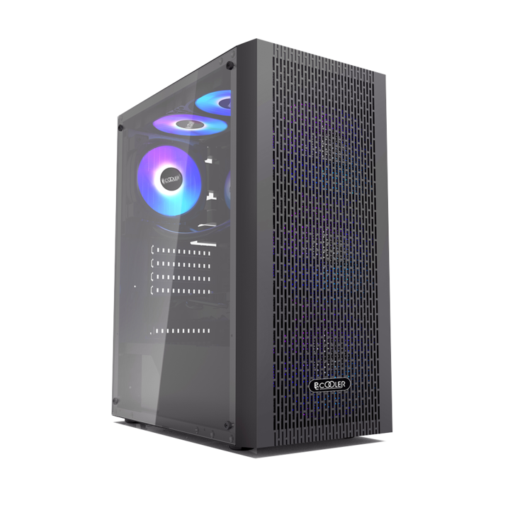 Carcasa PCCOOLER, Middle Tower, ATX, fara sursa, sticla securizata, 3 ventilatoare incluse, iluminare ARGB, negru, USB 3.2 gen 1 x 1, USB 2.0 x 2, mic, audio