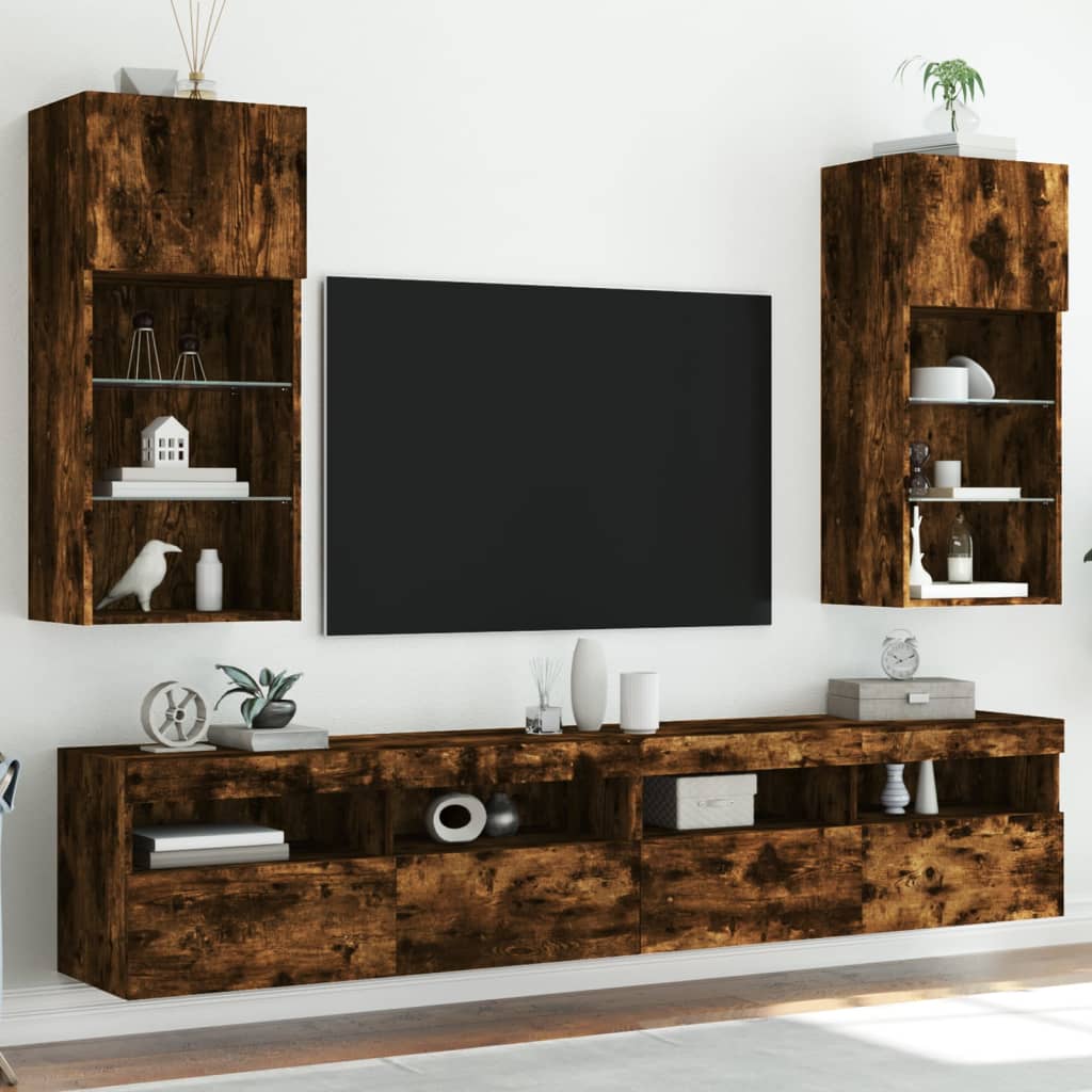 Set 2 dulapuri living, Zakito Europe, LED RGB, lemn, maro, 40.5x30x90cm ...