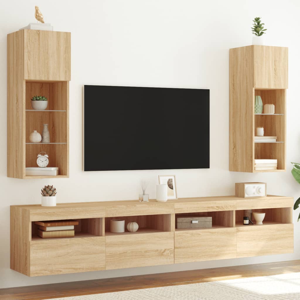 Set 2 dulapuri living, Zakito Europe, lemn, LED RGB, Sonoma Stejar, 30 ...