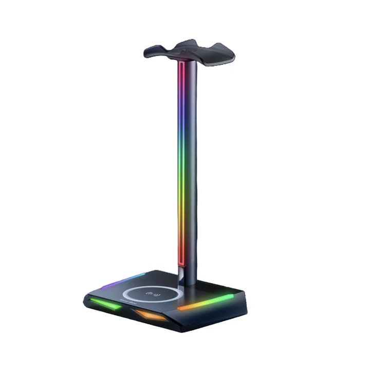 Suport casti multifunctional QUANDES® Z12, cu incarcare wireless, 2 porturi USB, lumini, Gaming, Negru