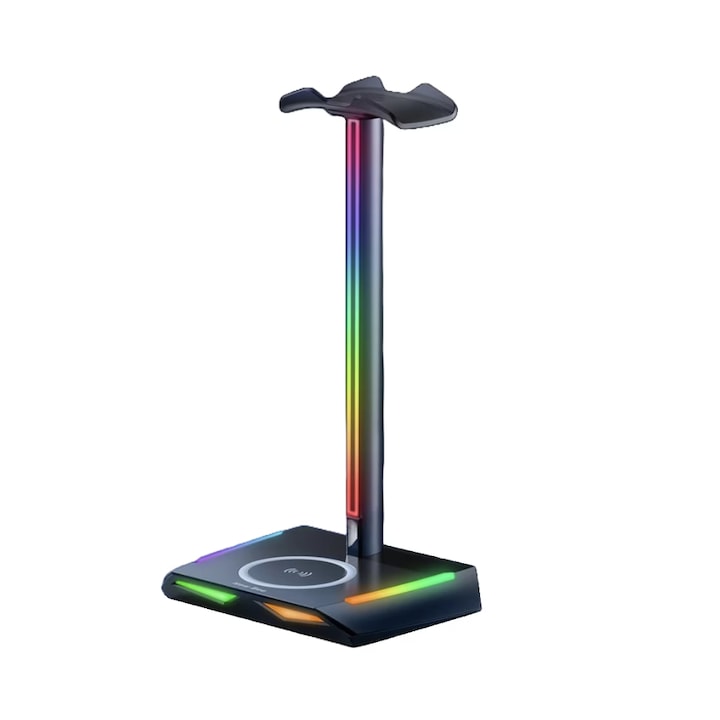 Suport casti multifunctional QUANDES® Z12, cu incarcare wireless, 2 porturi USB, lumini, Gaming, Negru