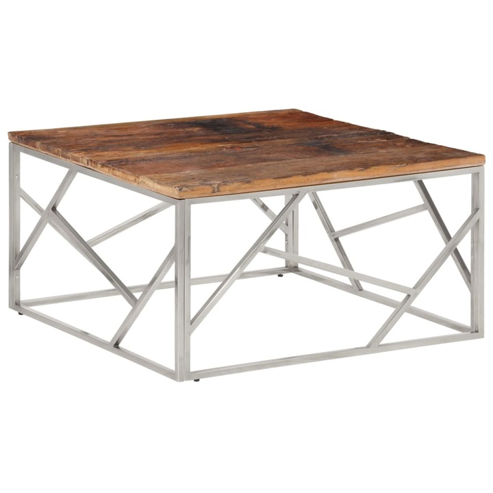 Кафе маса vidaXL, Сребриста, Инокс и дърво от траверси масив, 80 x 80 x 40 см, 17.08 Kg