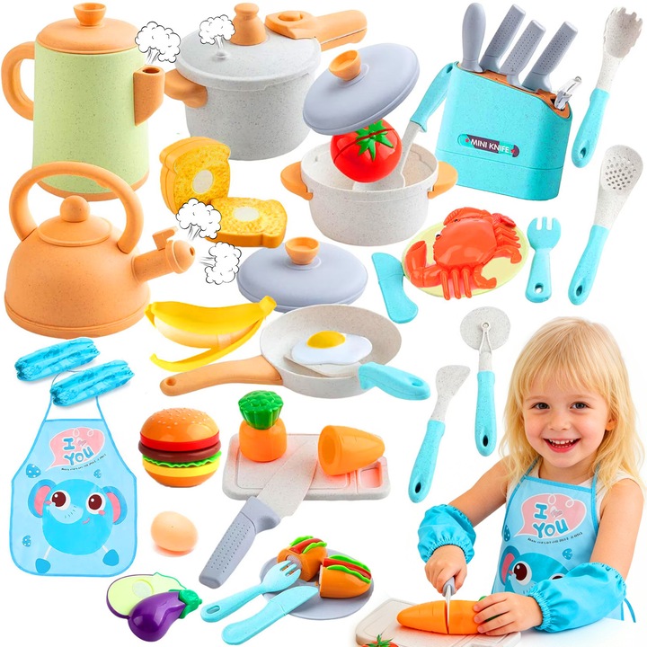 Set de joaca bucatarie pentru Copii, BYONDSELF®, Simulare Gatit, 40 Piese, Cu suport pentru cutite de jucarie, pentru copii 3 Ani+, BPA Free