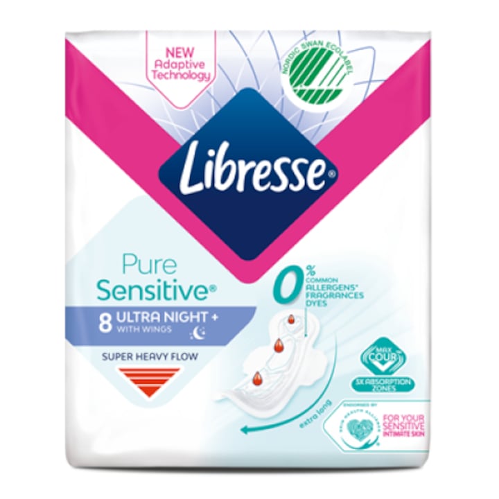Абсорбент Libresse Pure Sensitive Ultra Night, 8 бр