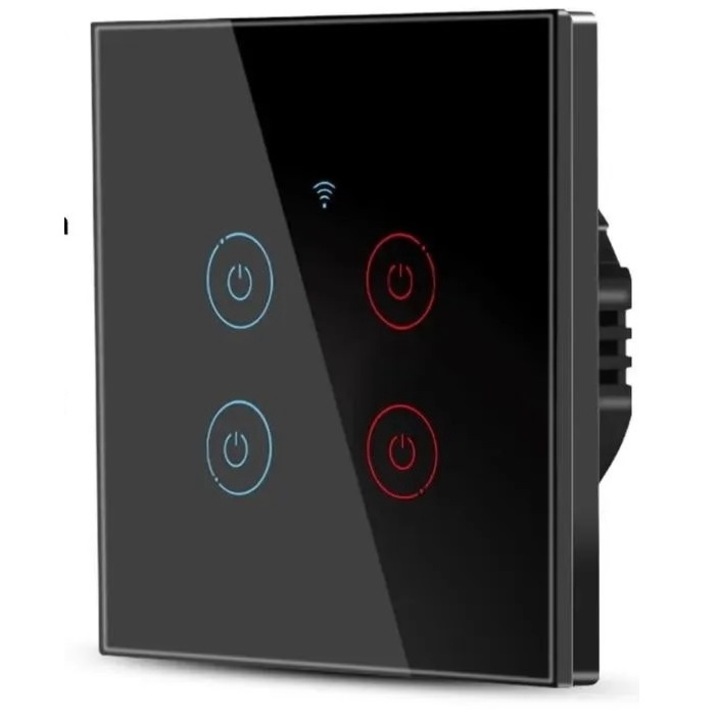 Intrerupator inteligent cu touch Tuya, Life Smart, Wi-Fi, RF433, cu sau fara nul, 4 canale, 10A, Sticla securizata, compatibil Amazon Alexa/Google Assistant, Negru @SmartWiz