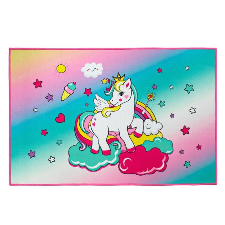 Covor de joaca pentru copii, Unicorn, Poliester, 90x60cm, Multicolor