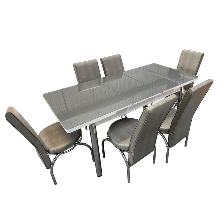 Set masa extensibila cu 6 scaune, full gri, globalmobila, 170x80x70 cm, piele eco blat geam securizat