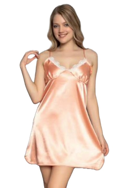 Camasa de Noapte Satin cu Dantela tip Furou, Uramag, Roz somon