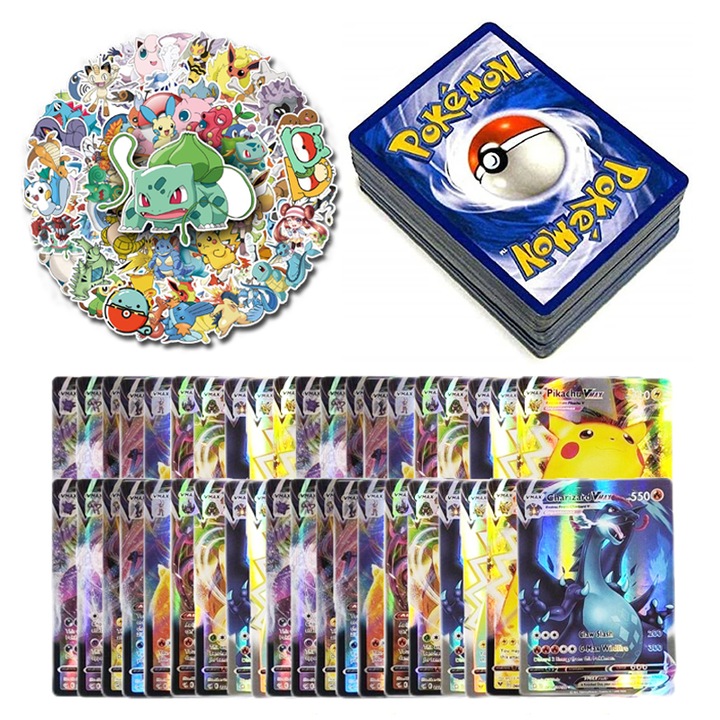 Joc de carti Pokemon, Include 100 de carti si 100 de autocolante Pokémon, Duoqu, Multicolor