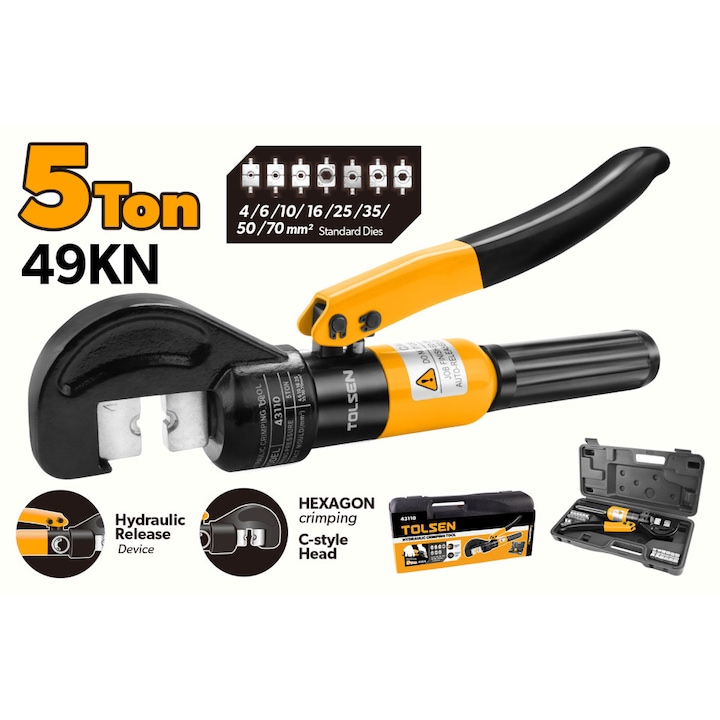 Cleste hidraulic de sertizat TOLSEN, 5T (49KN), Sertizare hexagonala, Matrite 4–70mm², Pentru cupru, aluminiu si cabluri, Cursa 10mm, Lungime 305mm, Uz profesional, maner ergonomic bi-component antiderapant, sertizare precisa a terminalelor electrice