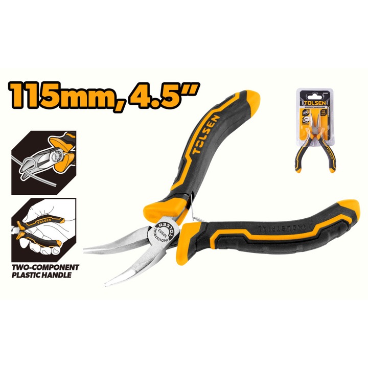Cleste cu falci inclinate mini TOLSEN 115mm (4.5"), otel carbon placat cu nichel, manere ergonomice din doua componente, ideal pentru prindere, taiere si modelare in spatii inguste, otel de calitate superioara tratat termic, maner ergonomic bi-component