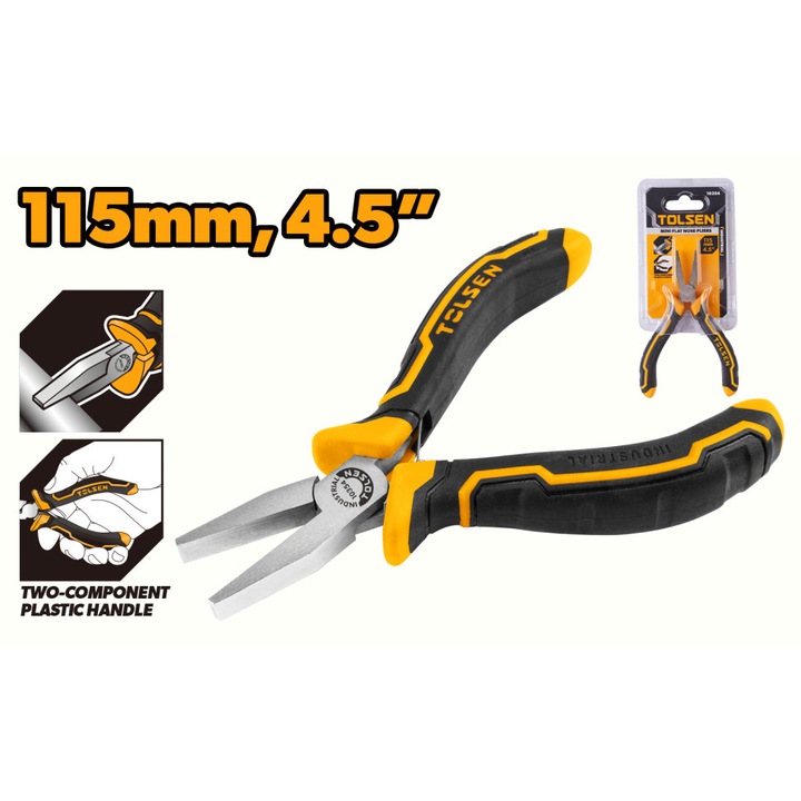 Cleste cu nas plat mini TOLSEN 115mm (4.5"), otel carbon placat cu nichel, manere ergonomice din doua componente, ideal pentru lucrari delicate, prindere si modelare fina, otel de calitate superioara tratat termic, maner ergonomic bi-component