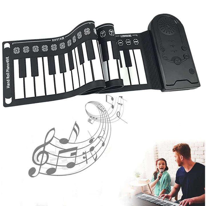 Pian Flexibil portabil cu 49 Clape, Functie de Inregistare, 8 Stiluri de Sunete Volum Reglabil, Difuzor Incorporat, Functie de Inregistare, Design Ergonomic, Alb si Negru, multifunctional, pentru copii si adulti