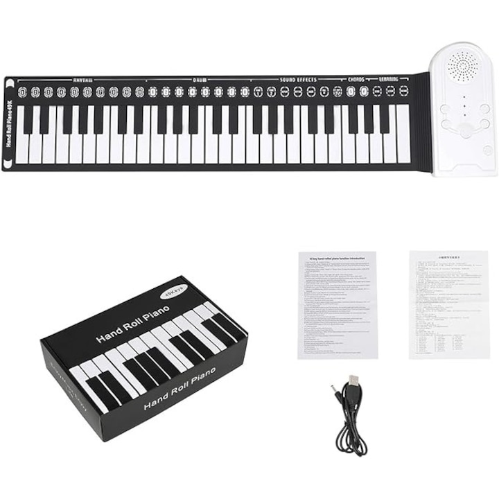 Преносимо гъвкаво пиано с 49 клавиша, функция за запис, 8 звукови стила, регулируема сила на звука, вграден високоговорител, функция за запис, ергономичен дизайн, черно и бяло, многофункционално, за деца и възрастни