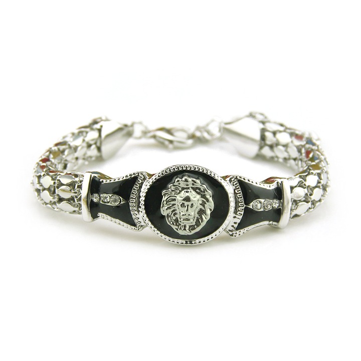 Bratara Hip Hop cu cap de leu, inchidere lobster, placat cu aur 18K, Tessero, argintiu