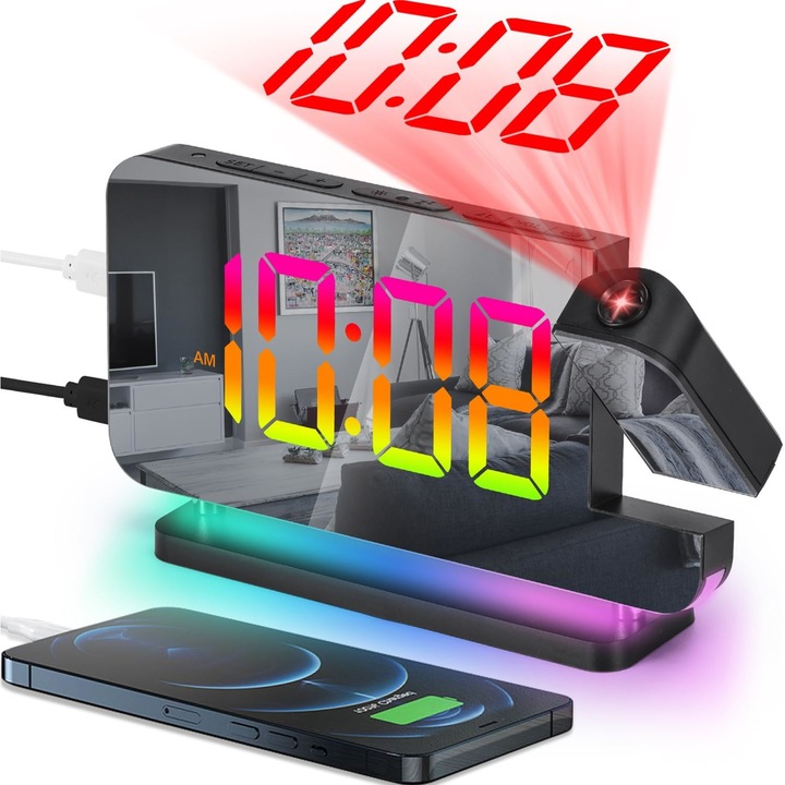 Ceas cu alarma de proiectie, Excitat®, 7 "4" cu proiector rotativ la 180°, lumina de noapte RGB, port pentru incarcator USB C, dimmer automat, negru