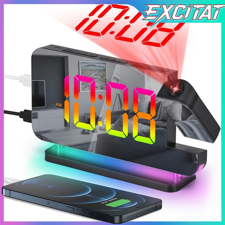 Ceas cu alarma de proiectie, Excitat®, 7 "4" cu proiector rotativ la 180°, lumina de noapte RGB, port pentru incarcator USB C, dimmer automat, negru