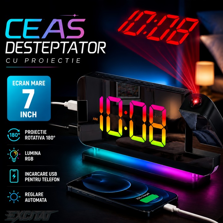 Ceas cu alarma de proiectie, Excitat®, 7" cu proiector rotativ la 180°, lumina de noapte RGB, port pentru incarcator USB C, dimmer automat, negru