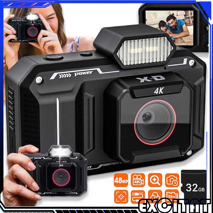 Aparat foto digital, Excitat®, 48MP - Vlog 4K, 2500Mh, 65 milioane de pixeli HD, LCD de 2.8 inchi, Zoom 18x, Include card SD 32G - Negru