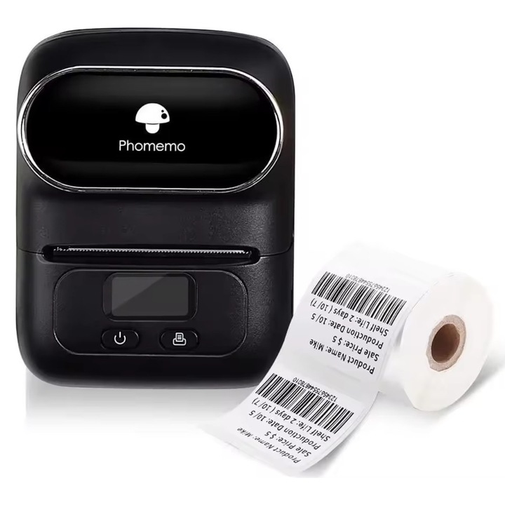 Преносим термо етикетен принтер Phomemo M110, Excitat, iOS и Android, за малки фирми, адреси, офиси, с 1 ролка етикети 40x30 мм, черен