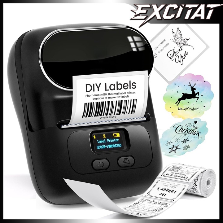 Imprimanta portabila de etichete termica M110, Excitat®, iOS si Android, pentru intreprinderi mici, adrese, birouri, cu 1 rola de etichete 40x30mm, negru