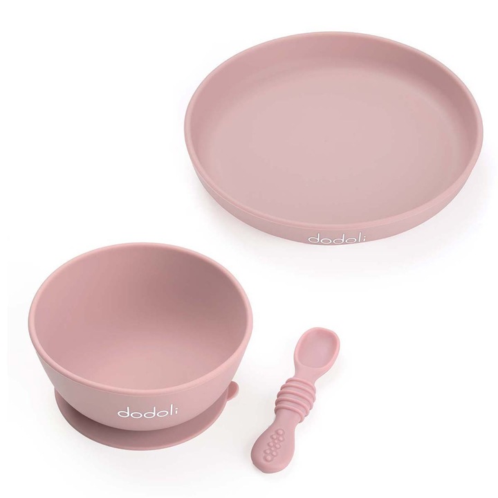 Set Dodoli diversificare bebelusi cu farfurie, bol si lingurita din silicon alimentar, Rosewood