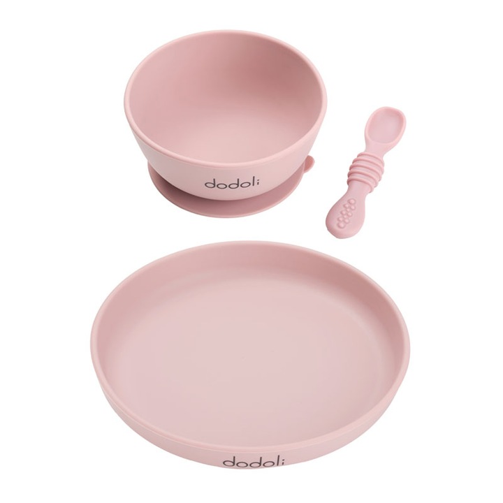 Élelmiszer-minőségű szilikon diverzifikációs és etetőkészlet csúszásmentes tapadókoronggal csecsemőknek és gyerekeknek tállal, tányérral és kanállal, Dodoli, Rosewood Pink