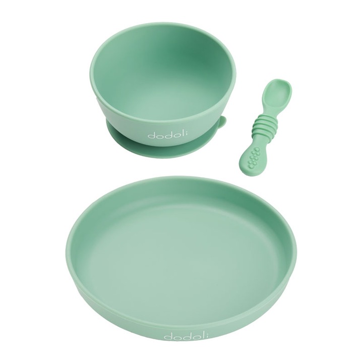 Élelmiszer-minőségű szilikon diverzifikációs és etetőkészlet csúszásmentes tapadókoronggal csecsemőknek és gyerekeknek tállal, tányérral és kanállal, Dodoli, Cyan Green