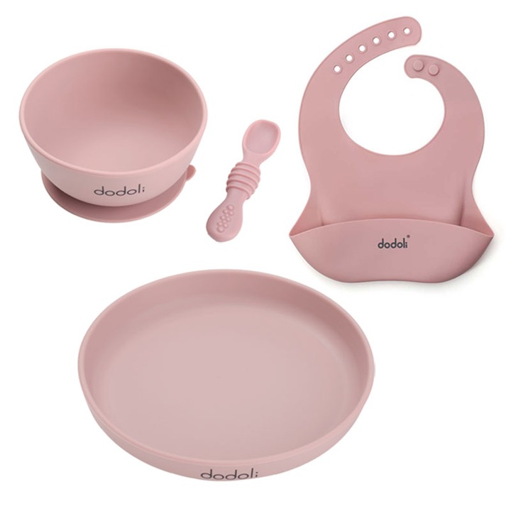Élelmiszer-minőségű szilikon diverzifikációs és etetőkészlet csúszásmentes tapadókoronggal babáknak és gyerekeknek - tál, tányér, előke, kanál - Dodoli, Rosewood Pink