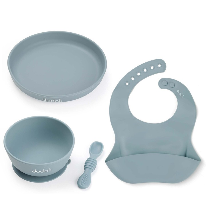 Set Dodoli cu 4 piese din silicon alimentar pentru diversificare bebelusi, Seablue