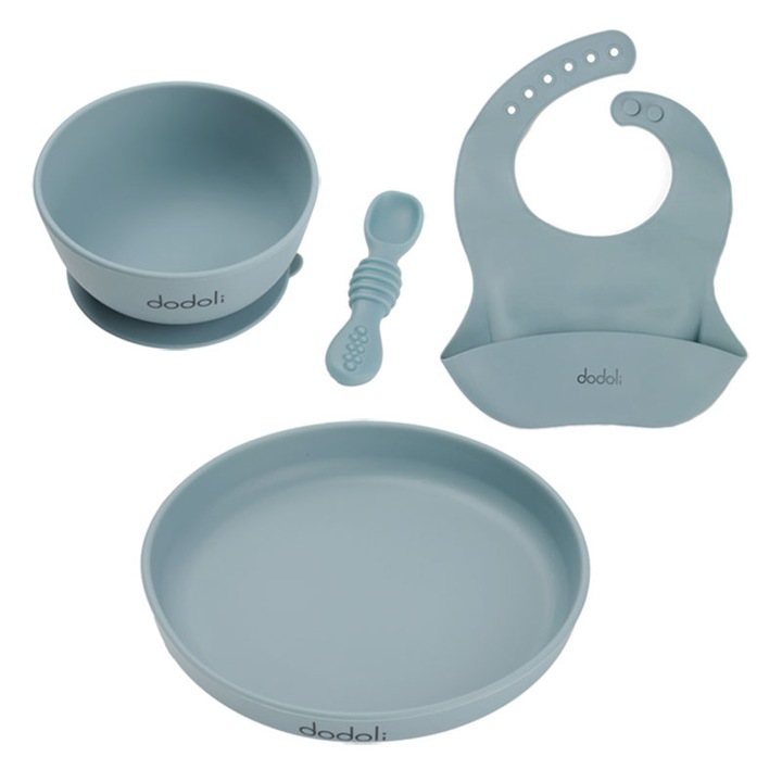 Комплект за хранене на бебета с неплъзгаща се вендуза Dodoli, Купа, Чиния, Лигавник, Лъжица, Силикон Seablue