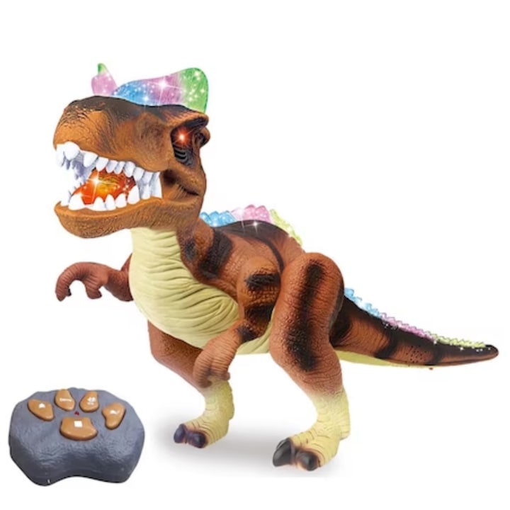 Figurina Dinozaur cu telecomanda, Simply joy, jucarie cu lumini si sunet, 38 cm, maro