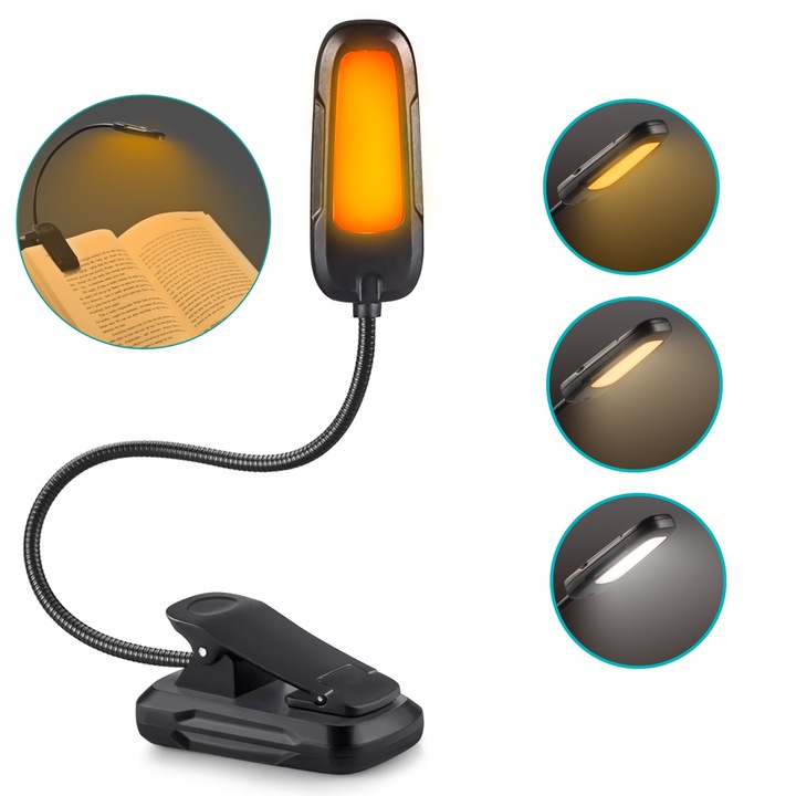 Лампа за книга за преносимо четене, NUODWELL, С 9 светодиода и 3 режима на светене, USB зареждане, С 360° гъвкаво гърло и противоплъзгаща силиконова подложка, Пластмаса, Черна