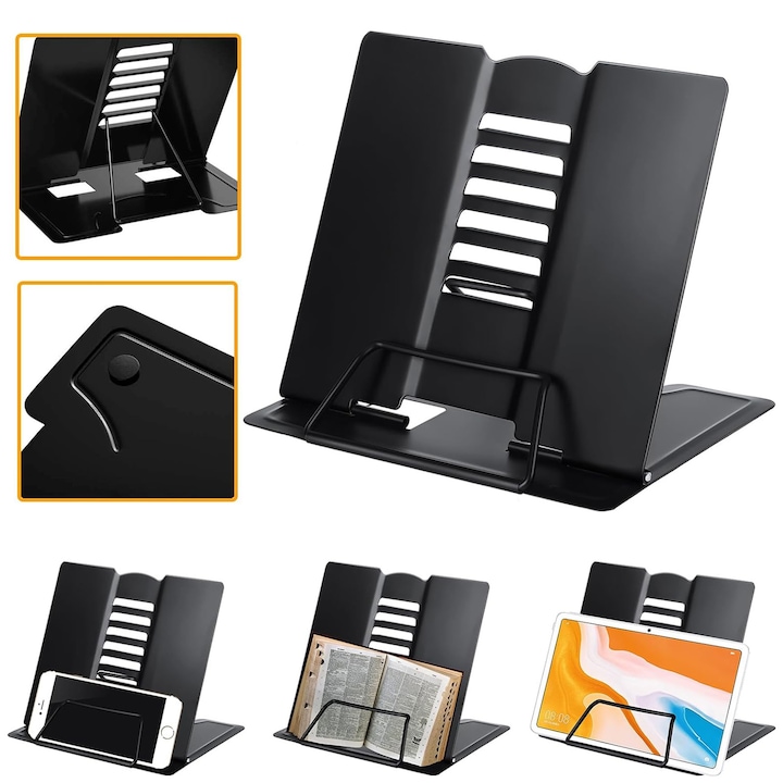 Сгъваема и преносима поставка за книги, NUODWELL, С 6 различни ъгъла за четене, Ергономичен дизайн, За домашна кухня, училище, офис, библиотека, спалня, Метал, 19.8 x 18.8 x 14.5 см, Черна