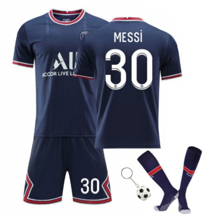 Echipament sportiv copii, Party Chili®, Kit de fotbal Paris Home Lionel Messi, Sezonul 2021/2022, Poliester, Albastru