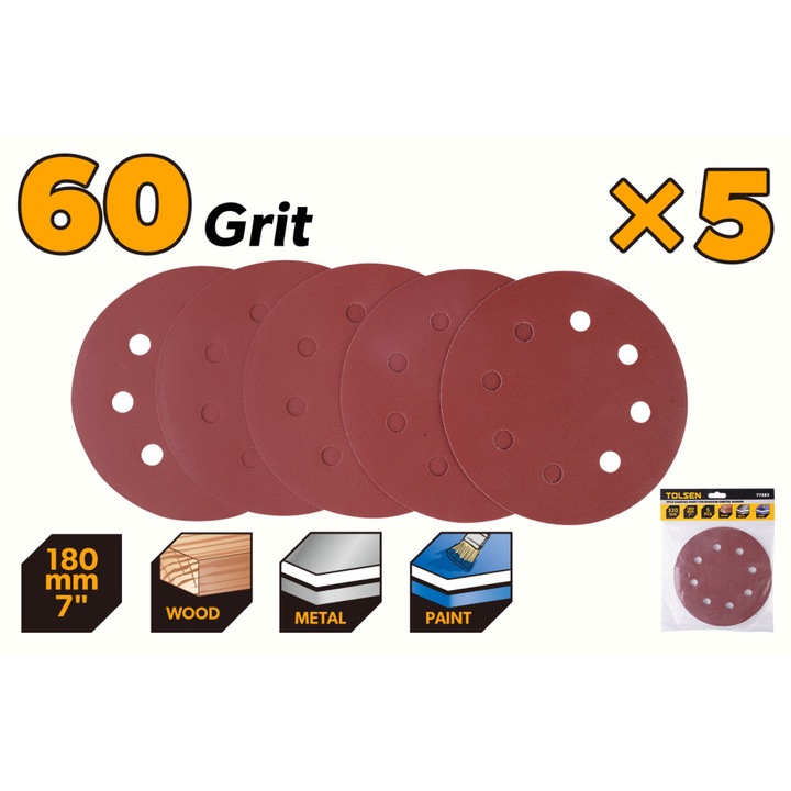Set 5 discuri abrazive TOLSEN 180 mm, Autoadezive, Perforate, Granulatie 60, Compatibile TOLSEN 79584, Pentru metal, lemn si vopsea, Fibra de inalta calitate, Uz profesional