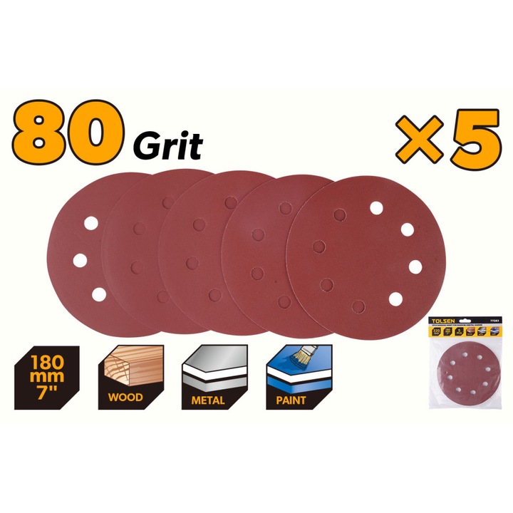 Set 5 discuri abrazive TOLSEN 180 mm, Autoadezive, Perforate, Granulatie 80, Compatibile TOLSEN 79584, Pentru metal, lemn si vopsea, Fibra de inalta calitate, Uz profesional, Set 5 discuri abrazive TOLSEN 180 mm, Autoadezive, Perforate, Granulatie 80, Com