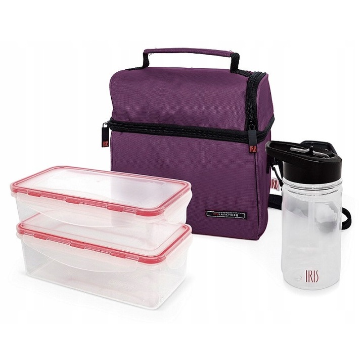 Geanta termoizolanta Barcelona, set 2 recipiente alimente, bidon, Violet, 25x21.5x13 cm, IRIS
