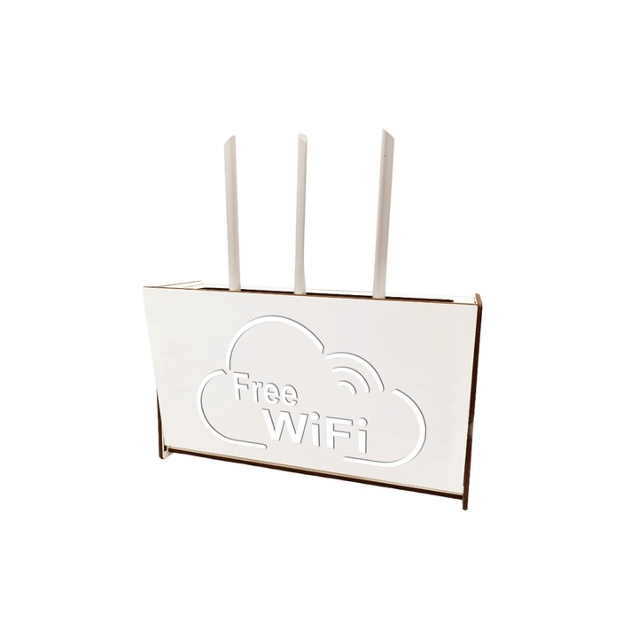Raft Router Wireless rack WoodMag CTW01fwifi pentru mascare fire si echipamente WI-FI, posibilitate montare pe perete, culoare alb model Free_WIFi