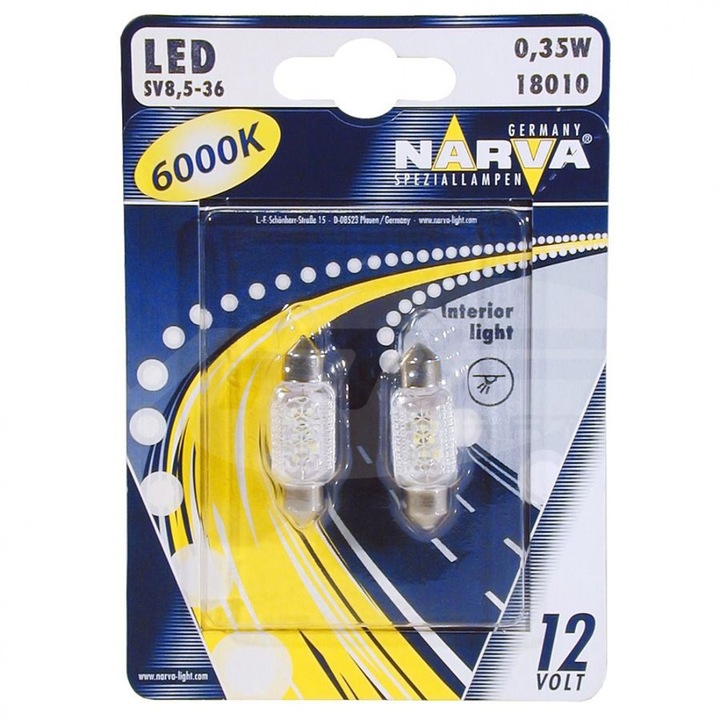 Set 2 Becuri LED auto auxiliare Narva C5W, 12V, 0.35W, 6000K