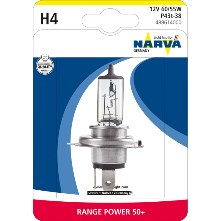 Bec auto cu halogen pentru far Narva H4 Range Power+, 12V, 55W, 1 Buc