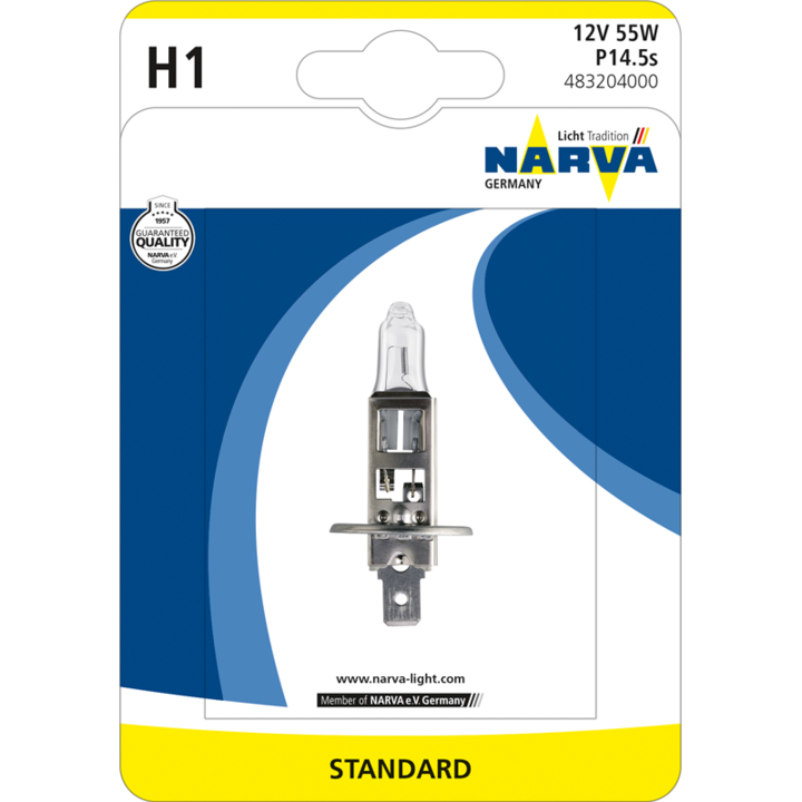 Bec auto cu halogen pentru far Narva H1 Standard, 12V, 55W, 1 Buc