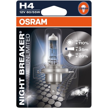 Bec auto cu halogen pentru far Osram H4 Night Breaker Unlimited, up to 110%, 12V, 55W, 1 Buc Bec auto cu halogen pentru far Osram H4 Night Breaker Unlimited, up to 110%, 12V, 55W, 1 Buc