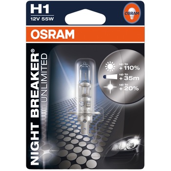 Bec auto cu halogen pentru far Osram H1 Night Breaker Unlimited, up to 110%, 12V, 55W, 1 Buc Bec auto cu halogen pentru far Osram H1 Night Breaker Unlimited, up to 110%, 12V, 55W, 1 Buc