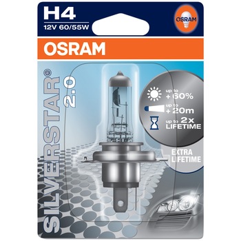 Bec auto cu halogen pentru far Osram H4 Silverstar, up to 60%, 12V, 55W, 1 Buc Bec auto cu halogen pentru far Osram H4 Silverstar, up to 60%, 12V, 55W, 1 Buc