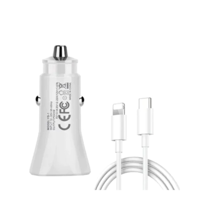 Set Incarcator Auto Fast Charge 20W si Cablu de Date Fast Charge 1M Type-C-Lightning, QUANDES®, Compatibil cu Apple iPhone 14 / 13 Pro / 12 Pro Max / 11 Pro MAX