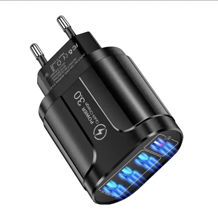 MDRO 4 порта USB 3.0 адаптер за стена зарядно устройство с 5V-3A, 9V-2A, 12V-1.5A черен цвят